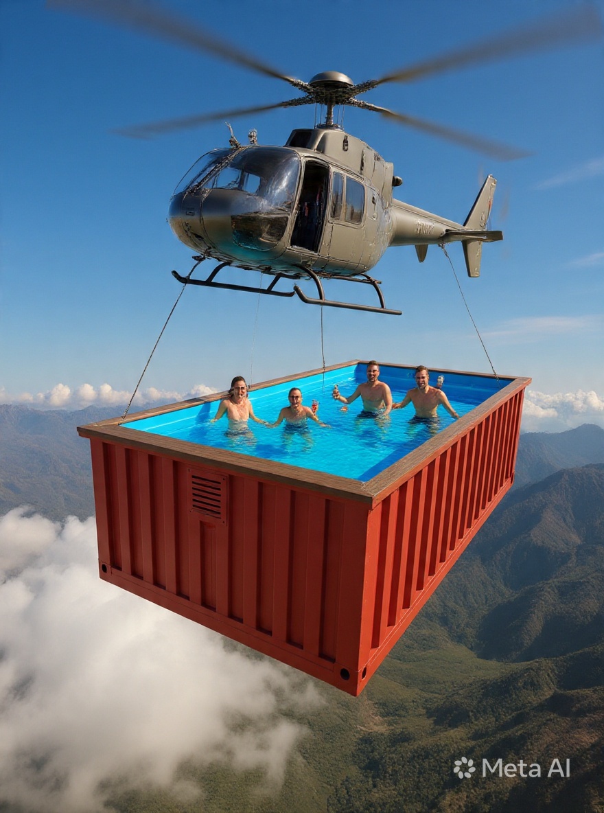 Un Helicóptero Carga Nuestra Piscina Container Mientras Todos Disfrutan