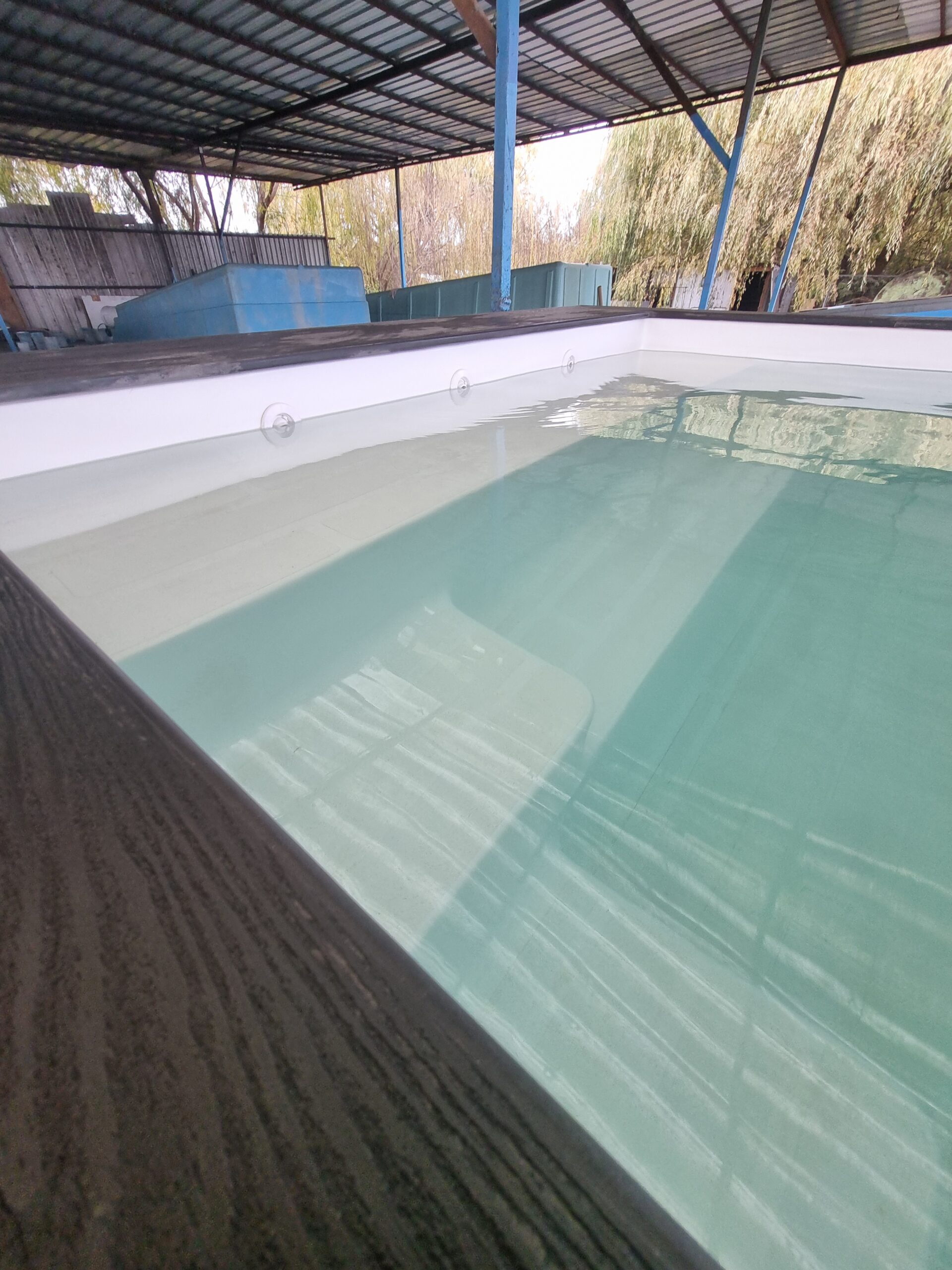 Piscina Container Donde Sea Gris con piscina de fibra de vidrio blanca foto desde cerca lateral